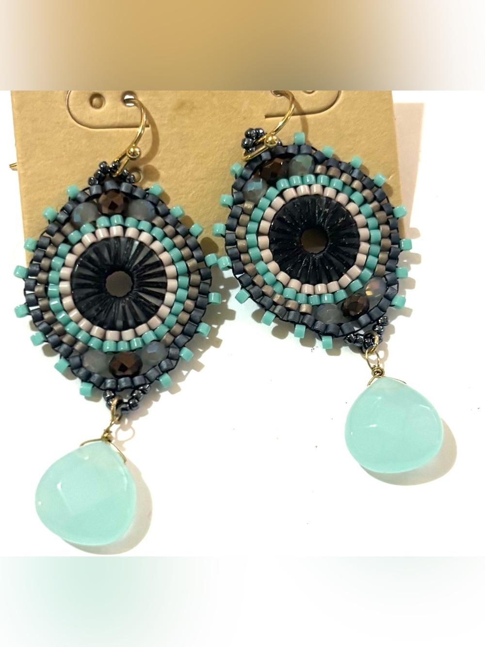 Handmade Turquoise and Black Beaded Drop Earrings with Aqua Teardrop